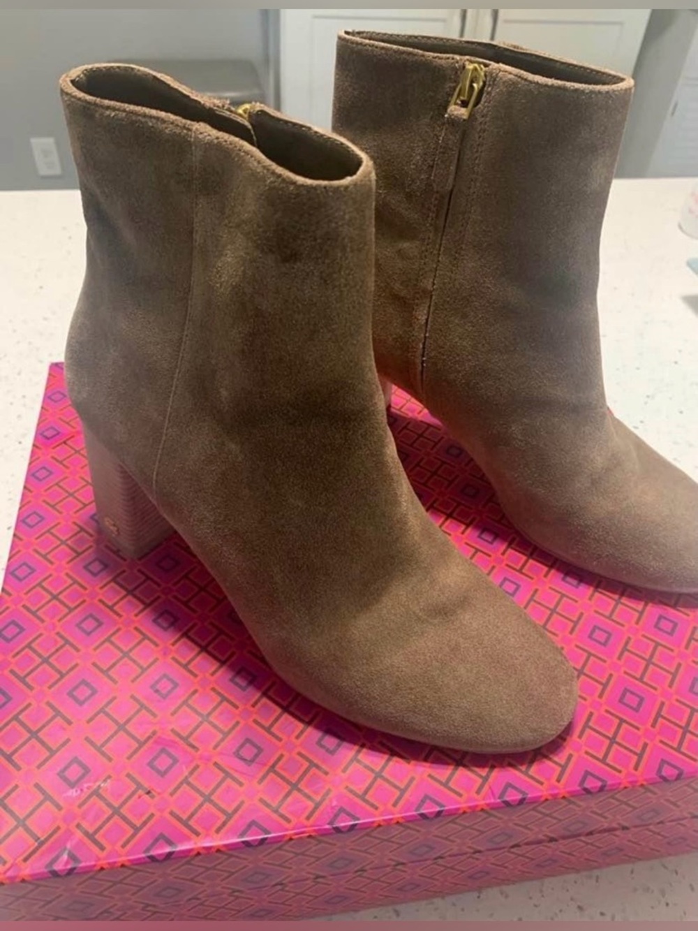 Tory Burch Taupe Suede Block Heel Ankle Boots